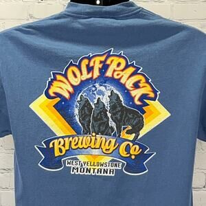 Vintage Y2Ks Wolf Pack Brewing Co T Shirt Yellowstone Montana Beer Blue M Medium